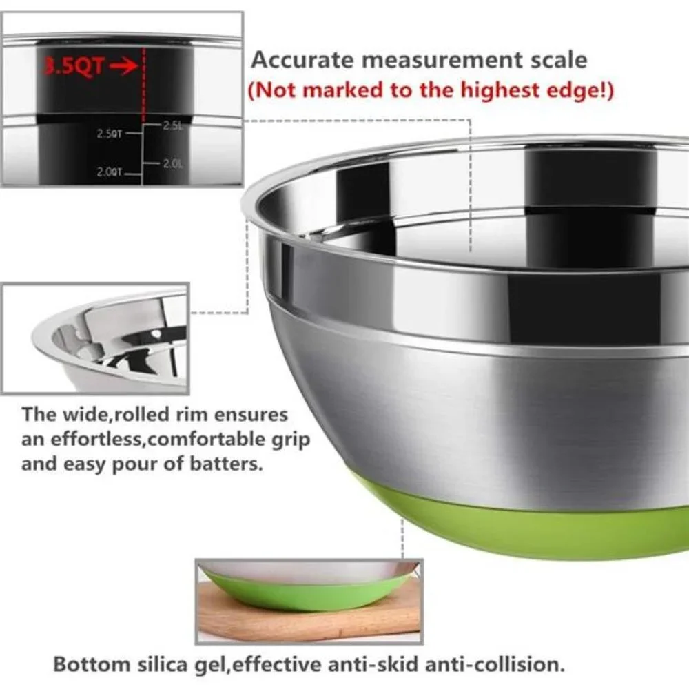 Set of 5 Stainless Steel Mixing Bowls Non Slip Colorful Silicone Bottom